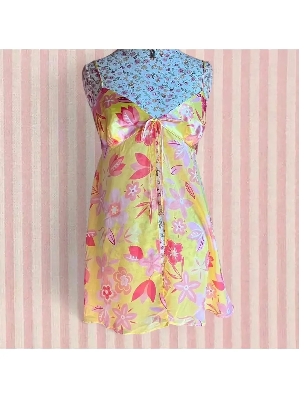 y2k vintage yellow floral babydoll dress and thong set